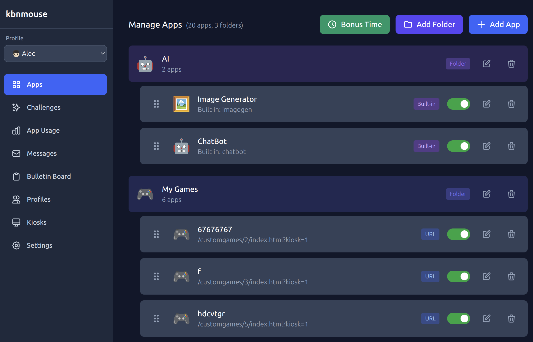 The kbnmouse parent dashboard — manage apps, set time limits, and monitor usage from any device